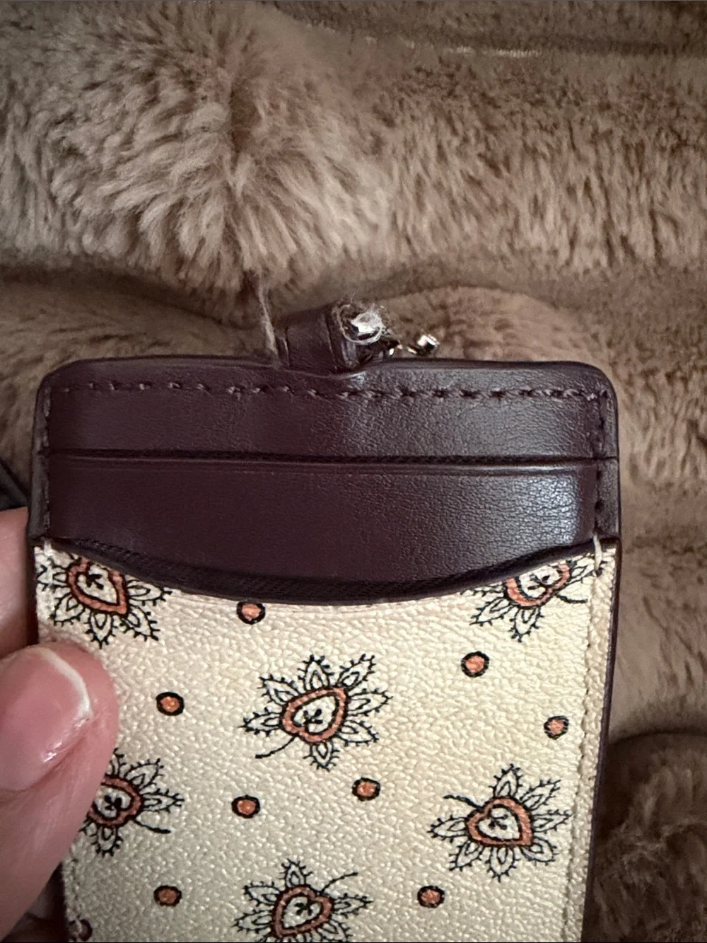 Coach Cream Floral Pattern ID Card Holder with Brown Trim